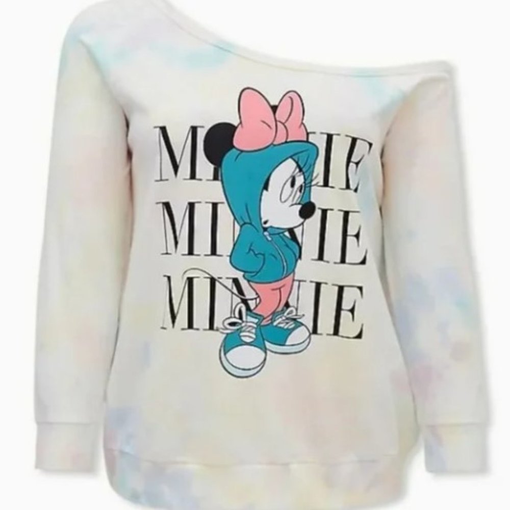 Disney Minnie Mouse Pastel Rainbow Tie-Dye Terry Off Shoulder Sweatshirt Size 4